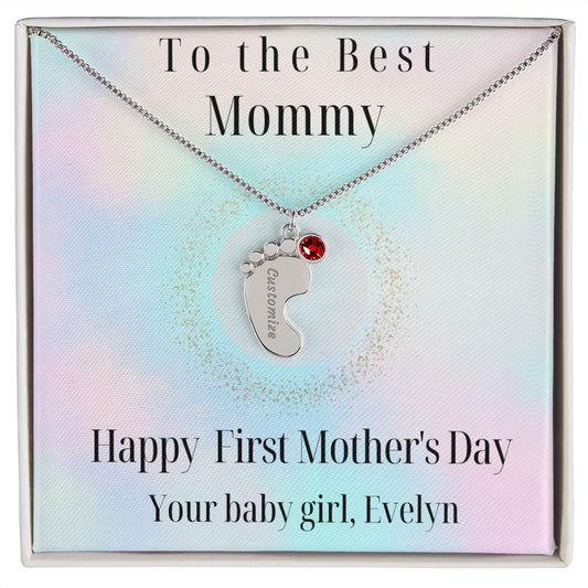 Baby First Mother's Day Gift for Mommy Custom Baby Feet Necklace with Birthstone.